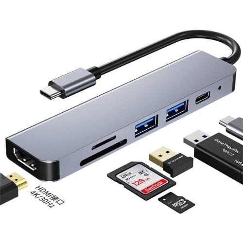 USB C Type-C Hub To 4K HDMI USB 2.0 USB 3.0 SD/TD Card Reader PD Fast Charge 6in-1 Multifunction Adapter For Macbook Matebook