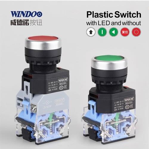 WDNSB1-P plastic button with chrome matte 10A high current red and green head with LED 9-24V/110V/220V