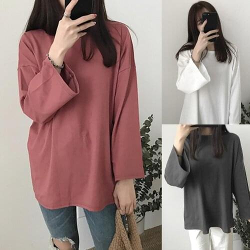 Women Autumn Long Sleeve Loose Fit Solid Color Casual O Neck Top T-Shirt Blouse 2XL