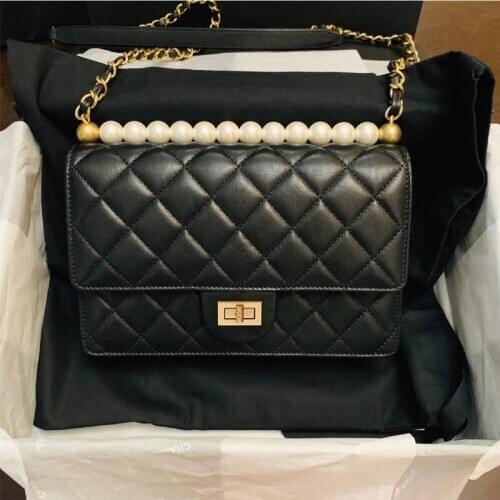 Fashion Women Brand Flap Shoulder Bag Sheepskin Genuine Leather Diamond Crossbody Bags Hasp Chain Pearls Designer Runway Bag