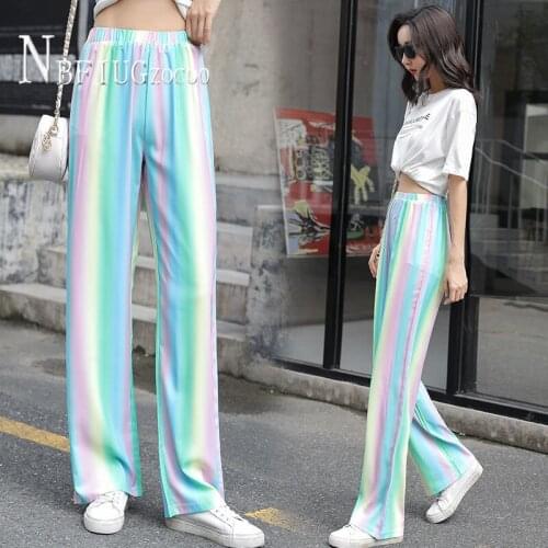Rainbow Wide Leg Women Pants Casual Elastic Waist Female Trousers