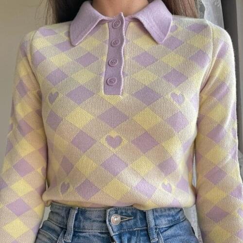 Vintage Argyle Plaid Heart Y2K Knitted Sweater Women Korean Fashion Pullover Aesthetic Cropped Sweaters Tops Clothes