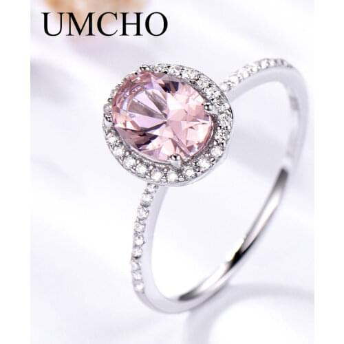 UMCHO Luxury Created Oval Pink Sapphire Rings Real 925 Sterling Silver Wedding Band Rings For Women Cocktail Fine Jewelry