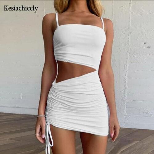 Kesiachiccly White Hollow Out Sexy Bodycon Dress Women Spaghetti Strap Backless Skinny Short Summer Dress Vestidos Femme Robe