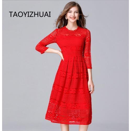 TAOYIZHUAI 2019 New Arrival Autumn Sexy Style Red Dress Lace Hollow Out 100% polyester Plus Size Fit And Flare Women Dress 14022