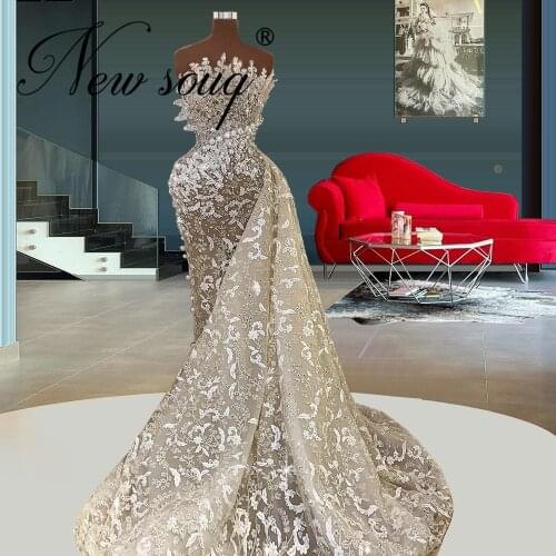 Haute Couture Pearls Evening Dresses With Detachable Skirt Beading Prom Dress For Weddings 2021 Arabic Dubai Pageant Party Dress