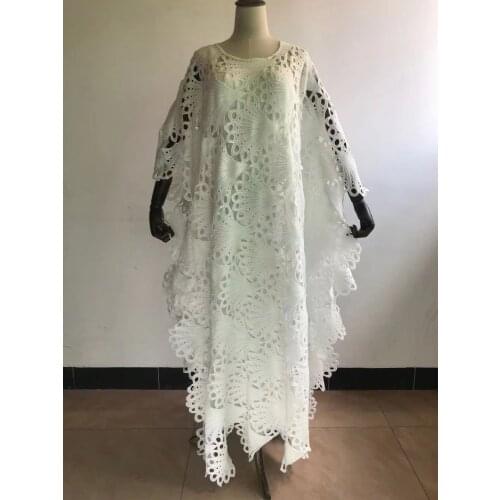 New African Dashiki Fashion Womens Guipure Cord Lace White Abaya Stylish Inside Skirt And Loose Long Dress 2-Piece Free Size