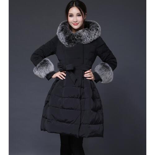 Winter Down Coat for Women Fur Hat Black Dark Blue White Wine Red Hem Pleated Thicken plus Size Womens Winter jacket