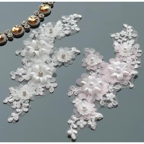 1Pair Pink Ivory Lace Applique For Wedding Dresses Beaded Crystals Embroidered Lace Trims Bridal Dress Appliques DIY Accessories