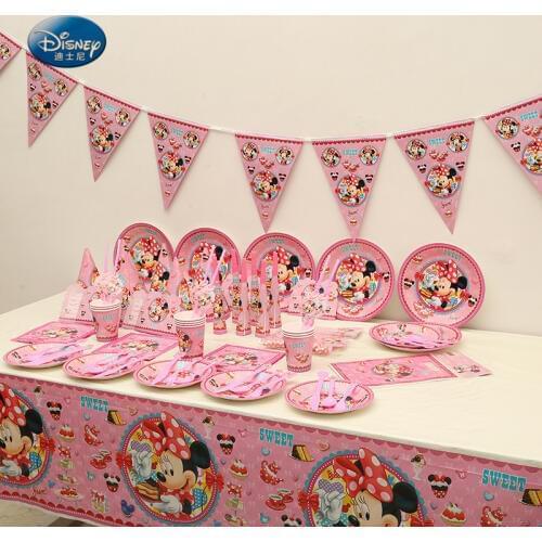 101pcs Party Supplies for 6 kids Minnie Mouse Tableware Set Flag Plate Cup Tablecloth Kids Birthday Party Decoration