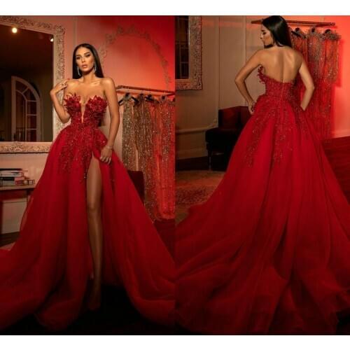Arabic Red Prom Dresses High Side Split Beaded Sweetheart A Line Sexy Evening Dress Custom Made Robe De Soiree