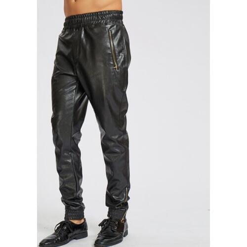 Black personality fashion motorcycle faux leather pants mens Elastic waist Harem pants pu trousers for men pantalon homme warm