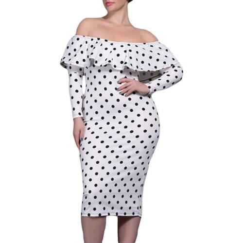 Womens Plus Size Polka Dot Off Shoulder Strapless Ruffle Bodycon Casual Dress Ladies Fashion Sexy Party Knee-Length Dresses