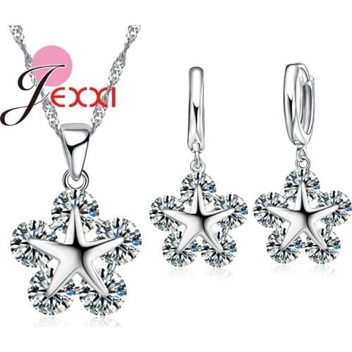 Elegant Women Flower Jewelry Sets 925 Sterling Silver Crystal Pendant Necklace Earrings Set For Bride Wedding