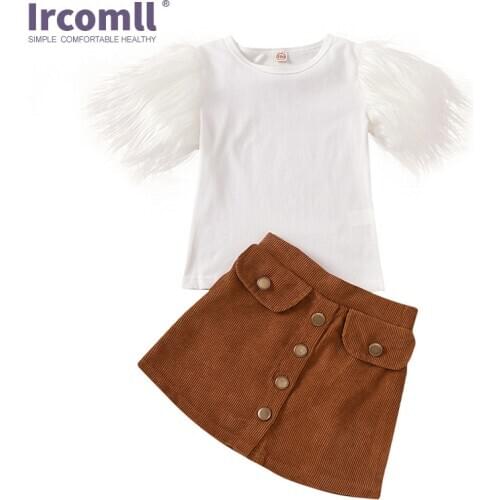 Ircomll 2-7Y 2pcs Toddler Girl Clothes Set Pure White Feather Sleeves T-shit + Metal Button Corduroy Skirt Summer Girl Costume O