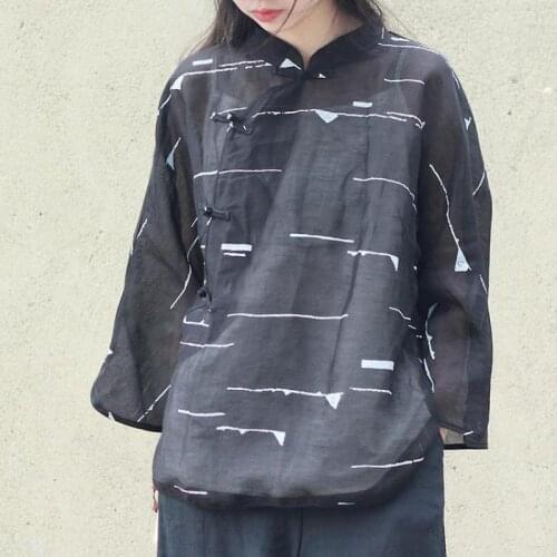 Johnature Summer Cotton Linen Fashion Retro Stand Plate Buckle Floral Print Shirt 2021 New Loose Leisure All-amtch Women Tops