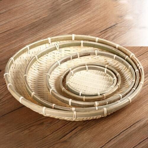 Handmade Round Bamboo Weaving Sieve Raft Round Dustpan DIY Decorative Fruit Bread Basket Kitchen Storage