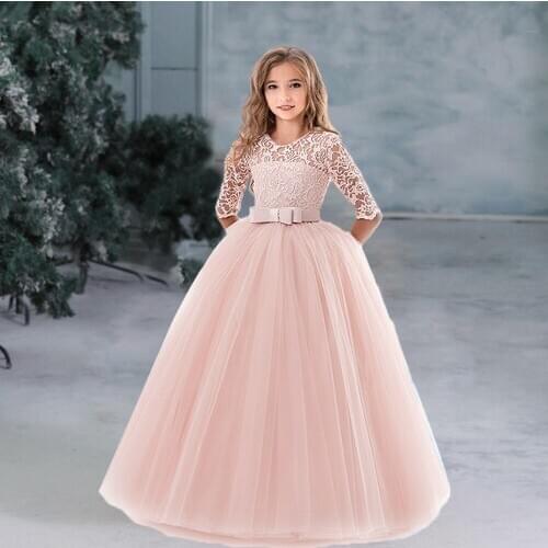 Flower Girls Birthday Banquet Long Sleeve Lace Dress Elegant Kids Wedding Long White Dress Children Communion Evening Dress