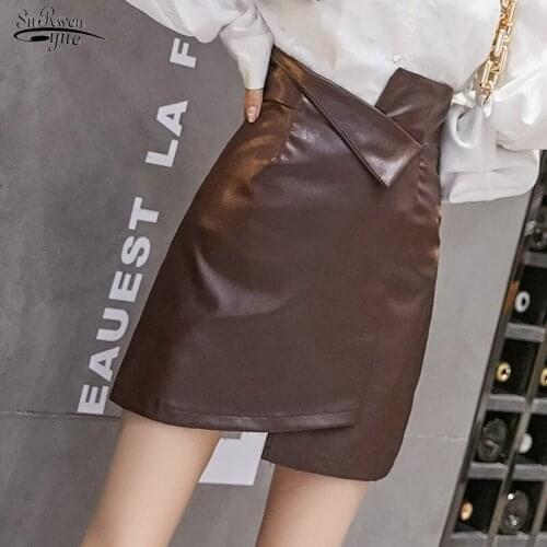 2021 Autumn New Ins Hong Kong Wind Korean Version Irregular Pu Leather Skirt Casual High Waist Hips Hugging Mini Skirt 16403