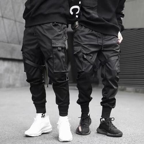 Leisure Loose Trousers Men Black Pocket Cargo Pants Joggers Harajuku Sweatpant Hip Hop Trousers Ribbons Color Block Casual Mid