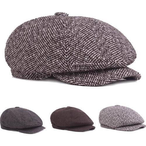 Men Vintage Knitted Winter Cabbie Driving Golf Beret Hat Newsboy Soft Stripe Cap HATCS0550