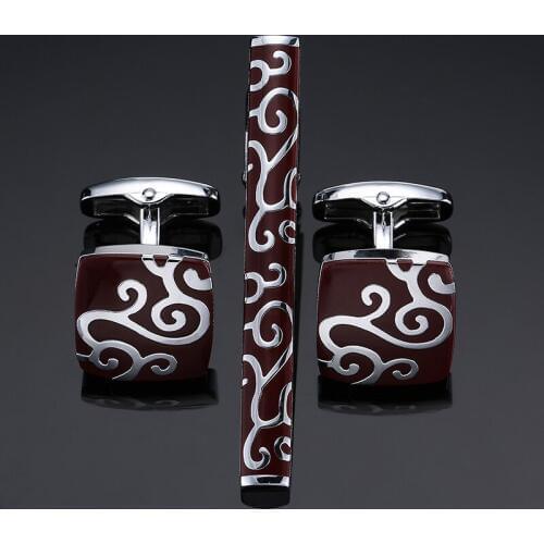 DY A set of new high-end red enamel silvery cloud pattern Cufflinks tie clip set men dress jewelry free shipping