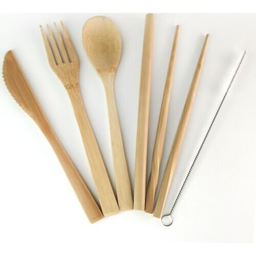 Hot 6pcs bamboo Cutlery set wooden tableware set Natural Eco Friendly Knife Spoon Fork Handcraft Woode Portable