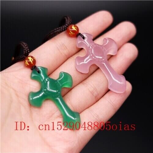 Natural Green Chinese Jade Cross Pendant Agate Necklace Fashion Charm Jewelry Carved Amulet Gifts for Women Men