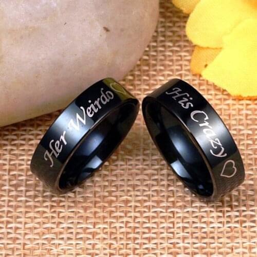 New Creative His Crazy Her Weirdo Couple Wide Band Stainless Steel Ring Vintage Black 6mm Wide Finger Rings for Lover Gift