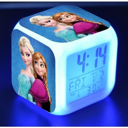 Genuine Disney Anime Frozen Alarm Clock Elsa Anna Olaf Cartoon Character 7 Color Conversion Toys for Kids Christmas Gifts