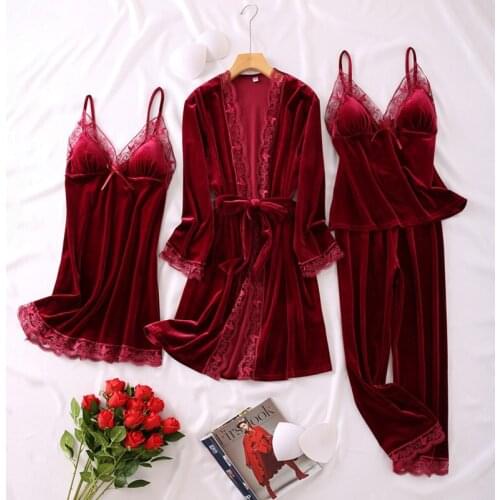 Autumn New Velvet 4PCS Sleep Set Women Nightwear Sexy Lace Pajamas Set Casual Soft Kimono Robe Gown Sleepwear Loose Homewear