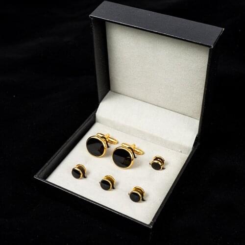 Luxury Gold Tuxedo Cufflinks and Studs Set Black Enamel Round Design Cuff Button Set For Mens Suit French Shirt Business Gift