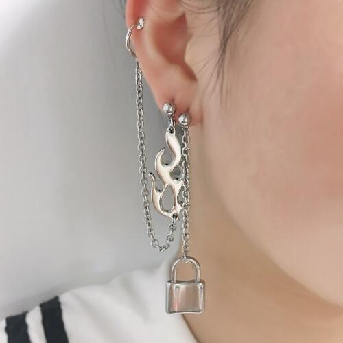 Punk Rock Hip Hop Unisex Earrings Harajuku Girl Flame and Lock Earrings Women Streetwear Gothic Hipster Jewelry