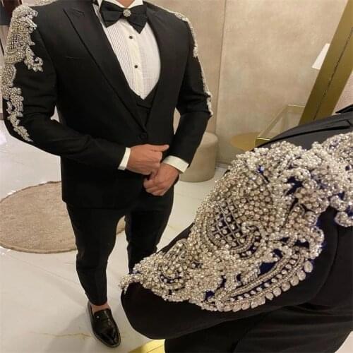 Spring Black 3 Pieces Luxury Crystal Beaded Wedding Suits Two Button Jacket Tuxedos Peaked Lapel Mens Blazer Business Coat+Pant