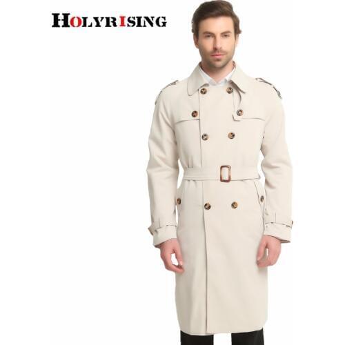 Holyrising S-6XL Long Trench Coat Men Classic Fashion British Leisure Slim Fit Windbreaker Double Breasted Solid Beige Wind Coat
