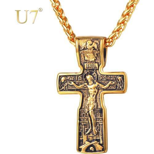 U7 Crucifix Jesus Cross Pendants & Necklaces Gold Color Stainless Steel Chain Vintage Catholic Church Religious Men Jewelry P119