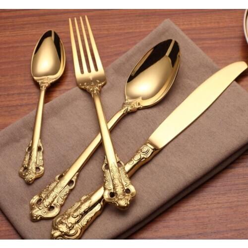 Vintage Western Gold Plated Dinnerware Dinner Fork Knife Set Golden Cutlery Set Stainless Steel 4Pcs Engraving Tableware SN1687