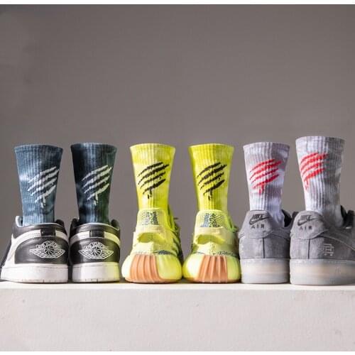 Tie-dyed Bright Colours Adult Funny Middle Short Crew Socks Street Fashion Cotton Dyeing Folk Scratch Marks Score Claw Paw Print