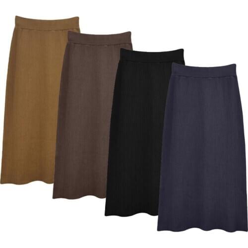 2021 New Vintage Skirts Women Solid Color Elastic High Waist Skirts Knitted Skirts Midi Skirt Womens All-Match Skirts One Size