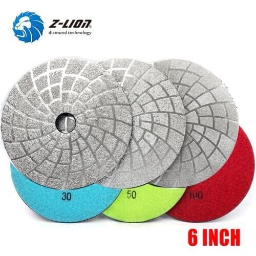 Z-LION 6" 3pcs/set Vacuum Brazing Diamond Polishing Pads Granite Concrete Marble Grinding wheel Sanding discs
