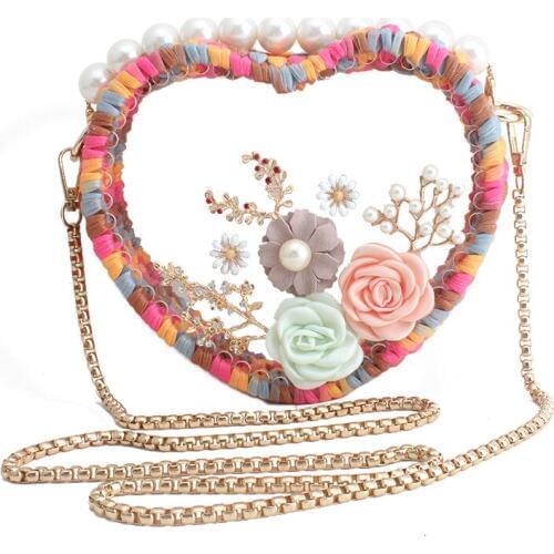 Factory heart-shaped wallet handmade flowers clear clutch bags for women 2019 luxury handbags women bags designer bolsa feminina