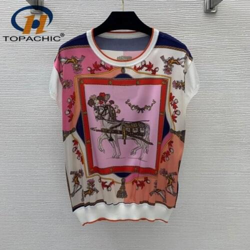 7.21 High End Quality New Contrast Color Animal Print Silk Spliced Knit Short Sleeve T-Shirt Women