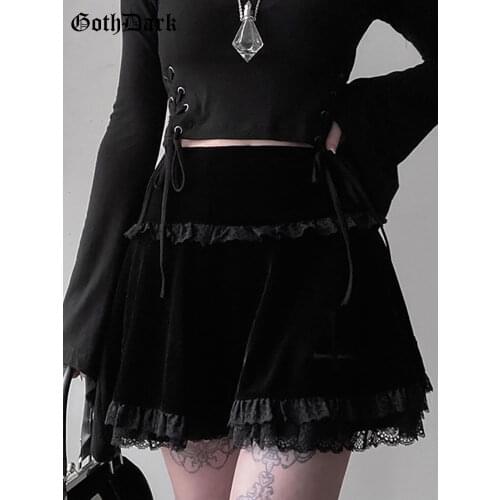 Goth Dark Mall Gothic Aesthetic Velvet Pleated Mini Skirts Women Vintage Harajuku Emo Alt Clothes High Waist Lace Ruffles Skirt