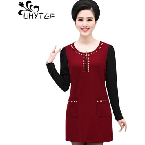 UHYTGF Women Dress Fashion Diamond Autumn Winter Dress Long sleeve O Neck Pullover Mini Dress Elegant Mom Plus Size Dresses 1157