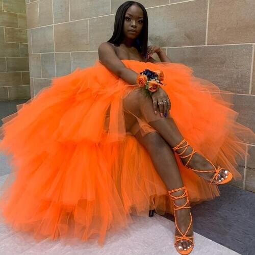 Pretty Orange Tulle Prom Dresses Tiered Ruffles Strapless Hi Lo Custom Made Sexy Evening Gowns Women Formal Wear