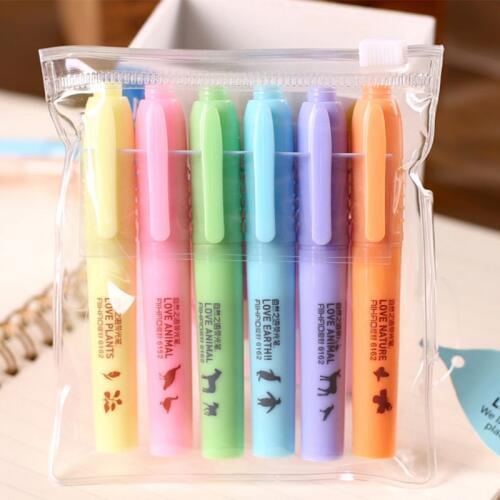 6pcs/set Oblique-head Highlighter Pen Candy Color Highlighter Notebook Maker Pens Fluorescent Line Marker Pen