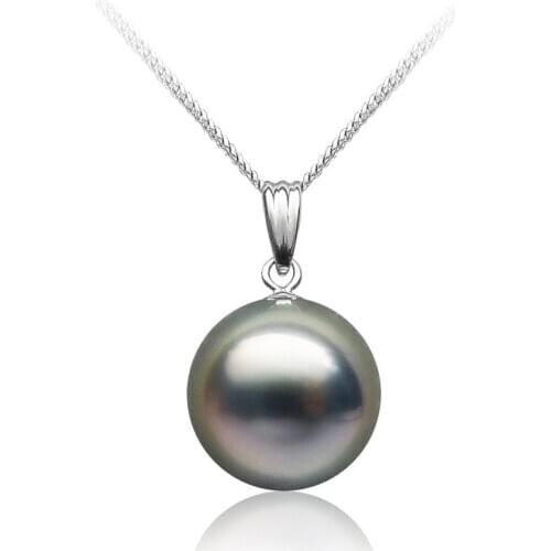 Free Shipping 10.5-11mm Round Black Green Real Tahitian Cultured Pearl Pendant 18k White Gold