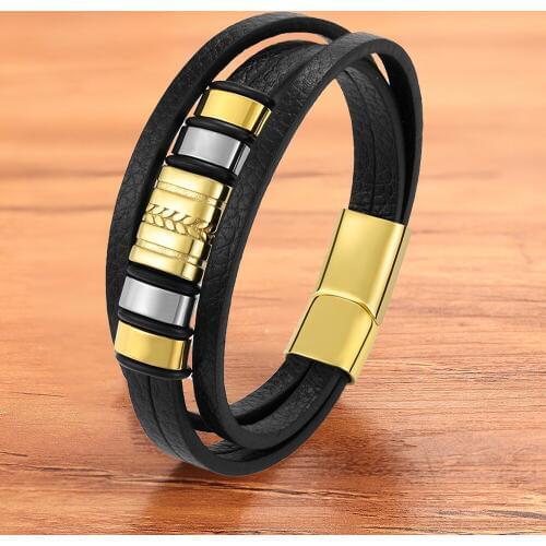 Charm Fashion Stainless Steel Glod Black Leather Bracelet Men Magnetic Multilayer Braided Rope Accessories Male Jewelry Gift