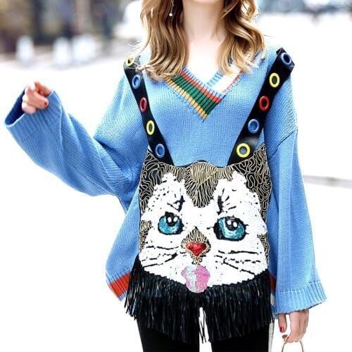 Designer Autumn Winter Oversize Sweaters Tops Cartoon Cat Sequins Pullovers Batwing Sleeve PU Tape Tassels Maxi Sweaters NS164