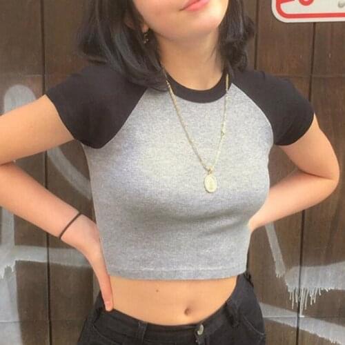 Sexy O-Neck Short T-Shirt Womens 2021 Summer New Contrast Cotton Short-Sleeved Tees Woman Street Fashion Bottoming Tops Women